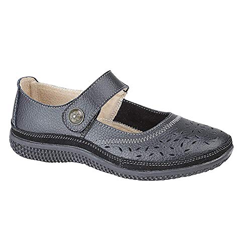 Boulevard Alex Mujer Extra Ancho EEE Cuero Velcro Mary Jane Zapatos Azul Marino - Bronce, 3 UK