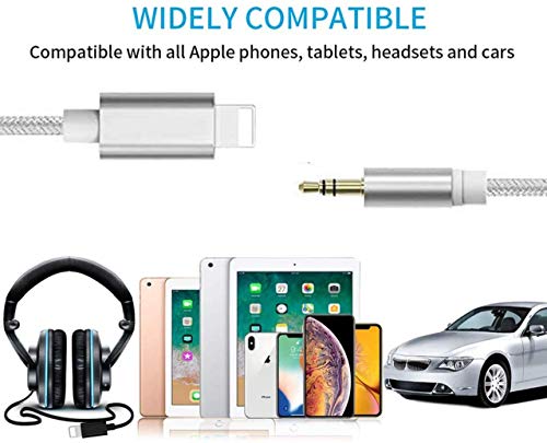 Cable Auxiliar para iPhone adaptador a jack 3,5 Cable auxiliar coche para iPhone 8/7P/XS/XR Adaptador de Cable de Audio estéreo Macho de 3,5mm para hogar/automóvil estéreo,Altavoces,Auriculares -Plata