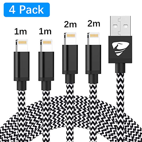 Cable iPhone MFi Certificado Cargador iPhone Aioneus Rápido Cable Lightning 4 Pack 2M 2M 1M 1M Nylon Cable Cargador Compatible con iPhone XS XR X 11 10 8 8 Plus 7 7 Plus 6s Plus 6 6 Plus 5S 5 iPad