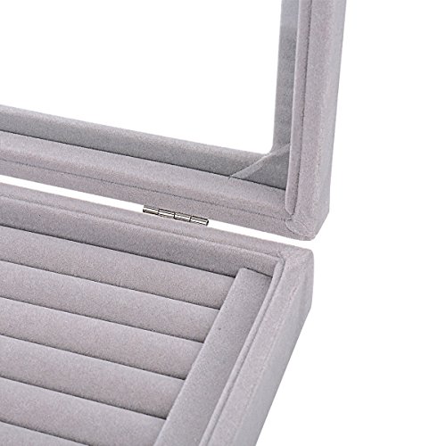 Caja organizadora Ivosmart con 24 secciones de terciopelo y tapa de vidrio para guardar joyas, con exhibidor de anillos o bandeja para aretes., cartón, Gris, 7 Slot (Grey)