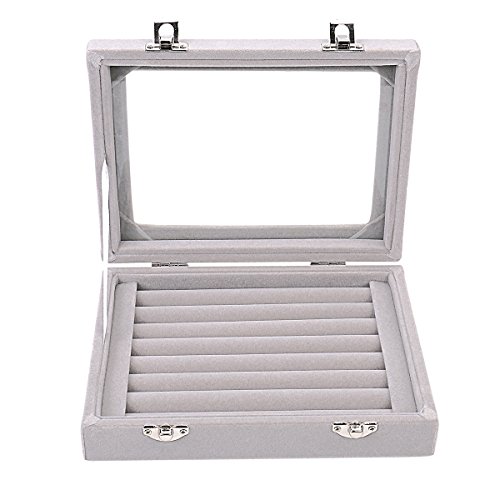 Caja organizadora Ivosmart con 24 secciones de terciopelo y tapa de vidrio para guardar joyas, con exhibidor de anillos o bandeja para aretes., cartón, Gris, 7 Slot (Grey)