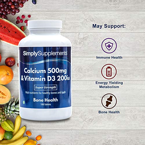 Calcio 500mg y Vitamina D3 200iu - ¡Bote para 1 año! - Apto para vegetarianos - 360 Comprimidos - SimplySupplements