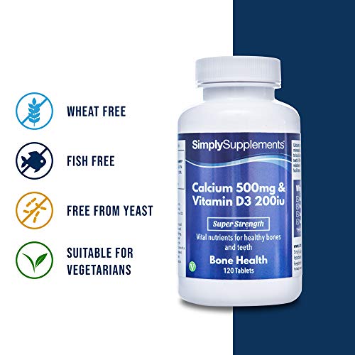 Calcio 500mg y Vitamina D3 200iu - ¡Bote para 4 meses! - Apto para vegetarianos - 120 Comprimidos - SimplySupplements