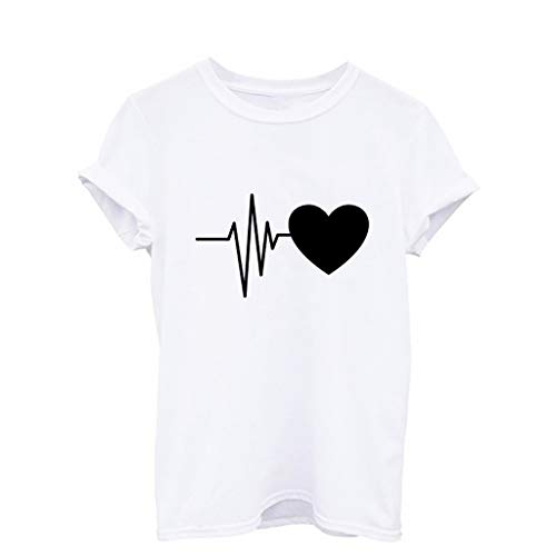 Camiseta de Mujer Manga Corta Corazón Impresión Blusa Camisa Cuello Redondo Basica Camiseta Suelto Verano Tops Casual Fiesta T-Shirt Original tee vpass