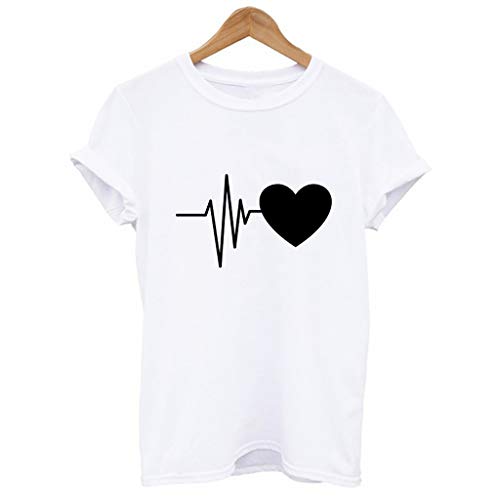 Camiseta de Mujer Manga Corta Corazón Impresión Blusa Camisa Cuello Redondo Basica Camiseta Suelto Verano Tops Casual Fiesta T-Shirt Original tee vpass