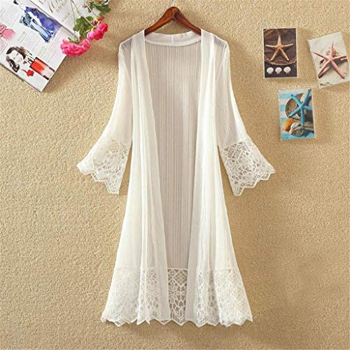 Cardigans Mujer Negro Largo 2019 Nuevo SHOBDW Pareos Casual Color Sólido Manga Larga Encaje Tops Blusa Playa de Verano Kimono Boho Cover Up Mujer Suelto Tallas Grandes XS-XXL(Blanco,XL)