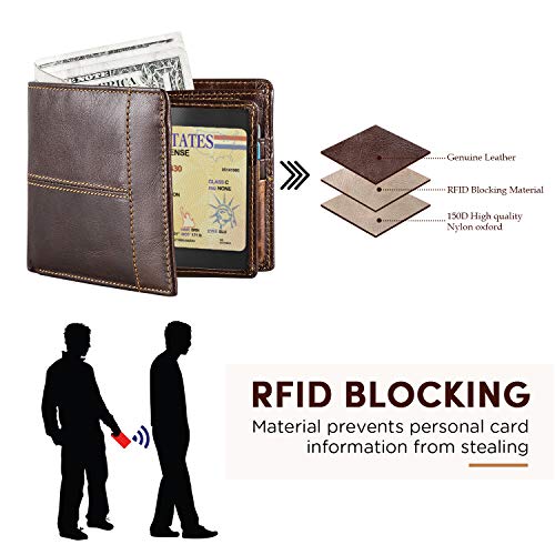 Cartera Hombre Cuero Cartera de Piel Monedero Tarjetro Billeteras RFID Bloqueo para 16 Tarjetas de Crédito con ID Ventana Slim Bifold Gran Capacidad Bolsillo con Cremallera (marrón)