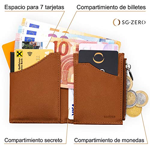 Cartera pequeña con Monedero para Hombre - Billetera de Piel con Tarjetero RFID y Monedero con Cremallera, Regalos para Hombre, marrón/Negro