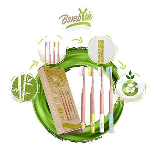 Cepillo de dientes de bambú de bambú - Pack de 4 - Natural - Biodegradable - Vegan - no agresivo para las encías - suave, flexible y agradable, limpia eficazmente