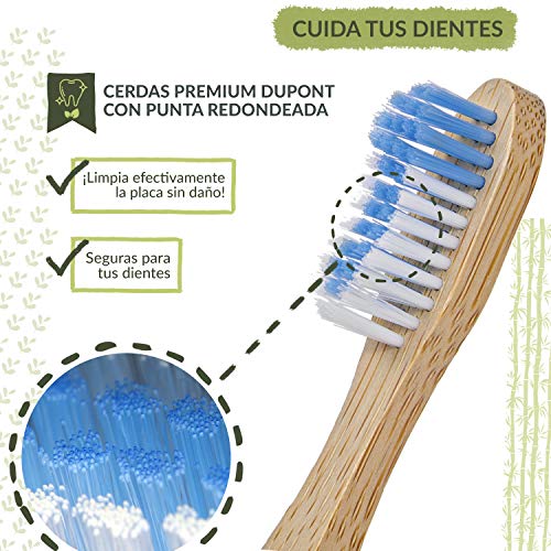 Cepillo Dientes Bambu con Cerdas Suaves by Ecocious, Con 200 Bastoncillos Ecologicos, Cepillos Dientes Bambu Sin Plastico