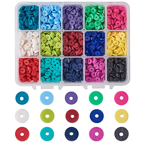 Cheriswelry 3800pcs 4mm / 6mm / 8mm Kits de cuentas de arcilla polimérica redondas planas 5 colores Disco espaciador Encantos de estrella de mar Cuentas de concha Hilo de abalorios para hacer joyas