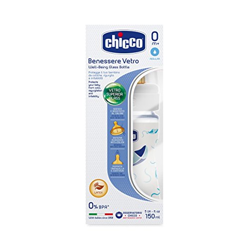 Chicco Wellbeing - Biberón de vidrio/cristal con tetina látex anti cólicos, flujo normal, 150 ml, bebés 0 m+, color azul