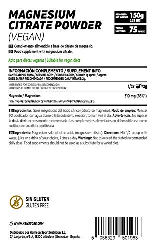 Citrato de Magnesio en Polvo de HSN | Magnesium Citrate Powder | 310mg de Mineral Elemental | 100% Puro + Alta Biodisponibilidad | Vegano, Sin Gluten, Sin Lactosa, 150 gr