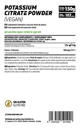 Citrato de Potasio de HSN | Potassium Citrate Powder | Mineral Esencial + Máxima Biodisponibilidad + Polvo Puro + Sin Añadidos | Vegano, Sin Gluten, Sin Lactosa, 150 gr