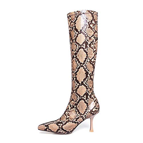 CJCJ-LOVE Botas hasta La Rodilla para Mujer, Botas Sexis con Estampado De Serpiente, Estilete De Punta Cuadrada, Cremallera Lateral De Tacón Bajo, Botas De Becerro Individual,Snake Print,39