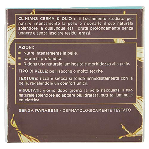 CLINIANS CREMA & OLIO crema facial nutriente no grasa para pieles secas o muy secas, con Aceite de Argán, 50 mL