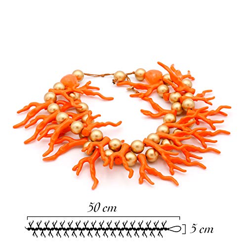 Collar Corto o Gargantilla de Dos Vueltas de imitación Coral y Bolas Doradas. Una Pieza de bisutería Que será un Regalo Original para Mujeres Que Les Gusta la Moda. (Coral Naranja)