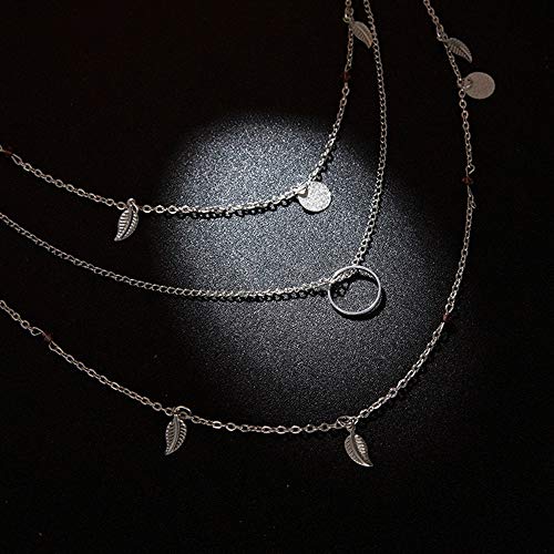 Collar de múltiples capas de plata para mujer con colgante de hoja para Niña, 3 filas personalizadas Hojas rebanadas Joyería de moda Collar boho Gargantilla Regalo de cumpleaños para novia Madre joven