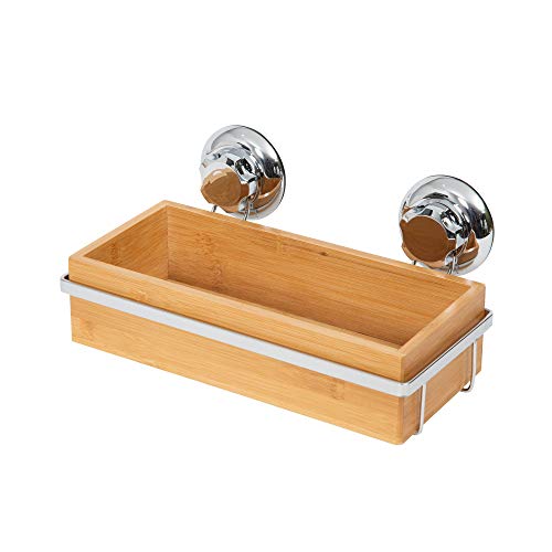 Compactor Estantería para el baño, Fijación con ventosas, Hasta 12 kg, Bambú y Acero Antioxidante, 27.6 x 14.8 x H.12.7 cm, RAN5807, Cromado/Bamboo, No aplicable