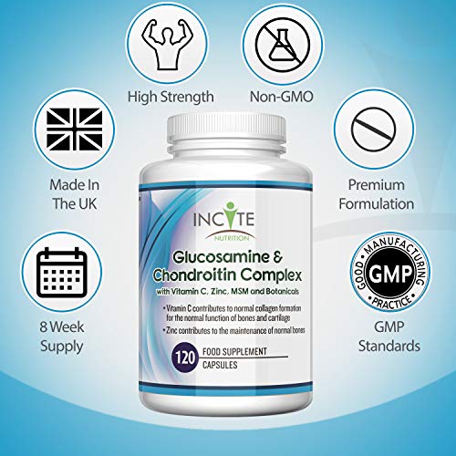 Complejo de Glucosamina y Condroitina con MSM - Vitamina C Zinc - Jengibre - Curcumina de Cúrcuma | 120 cápsulas de primera calidad | Hecho en el Reino Unido por Incite Nutrition®.