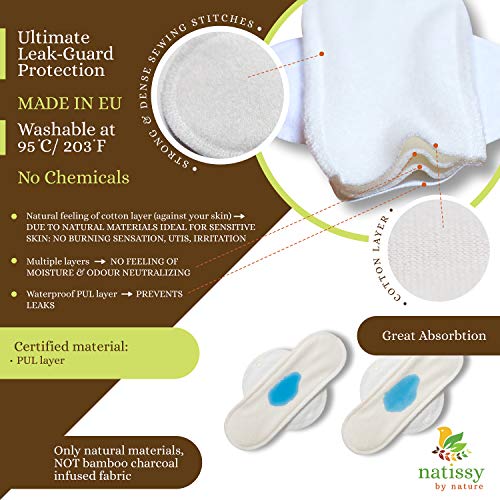 Compresas de tela reutilizables, pack de 7 compresas ecologicas de algodón puro con alas; HECHAS EN LA UE, para menstruación, postparto, incontinencia; compresas lavables organico para mujer