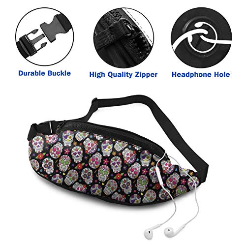 Con agujero para auriculares bolsa de cintura Día de los muertos Sugar Skull Runner paquete de cintura deportiva para hombres y mujeres que viajan