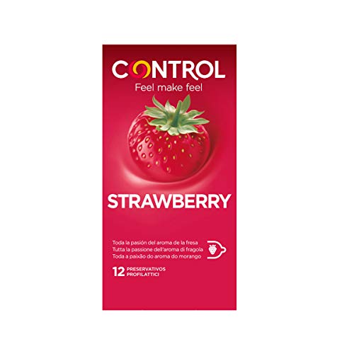 Control Preservativos Strawberry - Caja de condones con aroma y sabor a fresa, lubricados de color rojo, perfecta adaptabilidad, sexo seguro, 12 unidades