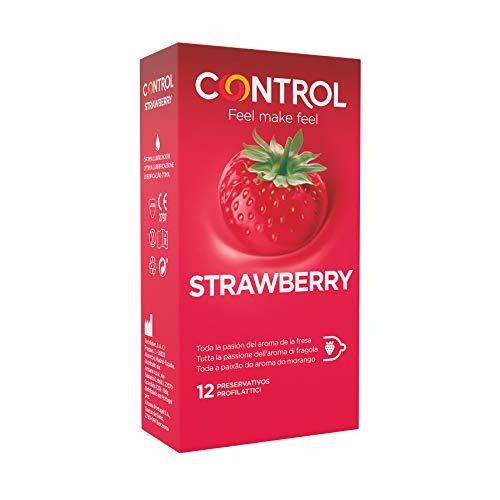 Control Preservativos Strawberry - Caja de condones con aroma y sabor a fresa, lubricados de color rojo, perfecta adaptabilidad, sexo seguro, 12 unidades