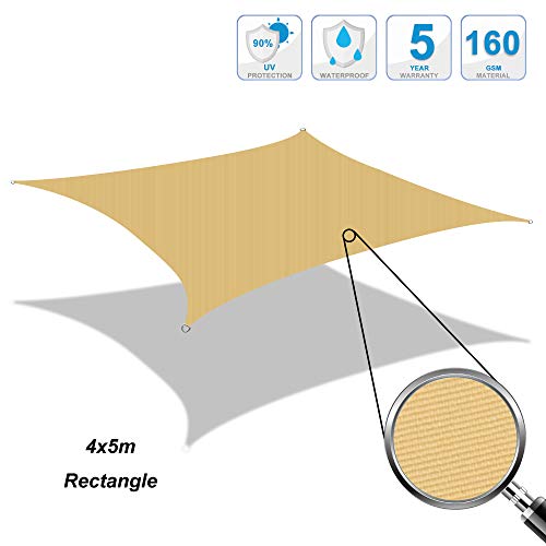 Cool Area Toldo Vela de Sombra Rectangular 4 x 5 Metros, Impermeable Protección UV para Patio Exteriores Jardín, Color Arena