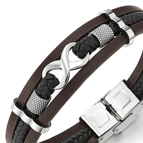 COOLSTEELANDBEYOND Tres Filas Amor Infinito Número 8 Entretejido Marrón Negro Trenzado Cuero Pulsera Brazalete de Hombre de Mujer