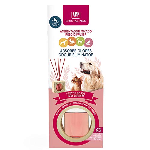 CRISTALINAS. Ambientador & Absorbe Olor Mikado para Mascotas. 0% Alcohol. Mas de 4 semanas de duración. Aroma (Frutos del Bosque)