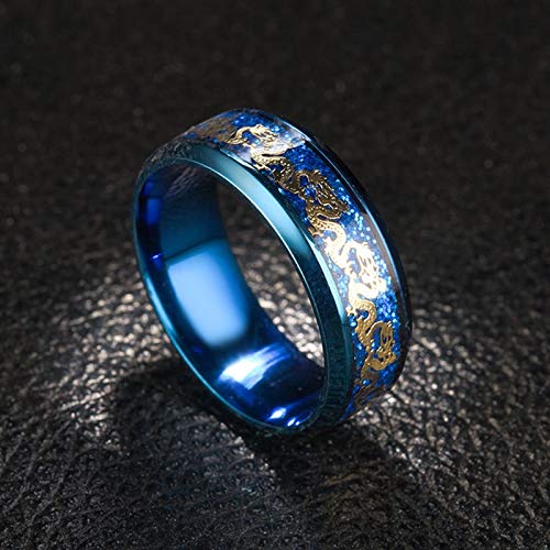 Daesar Anillos Boda Mujer Patrón de Dragón Oro Anillos Hombre Acero Inoxidable Azul Anillo Talla 22