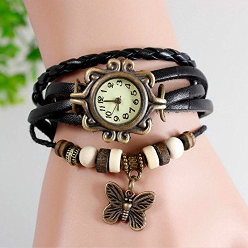 DaoRier 1pc Accesorios de Moda Retro Weave Wrap Around Pulsera de Cuero con Mariposa Colgante Lady Reloj de Pulsera de Mujer Cuarzo Nature Stlye Reloj