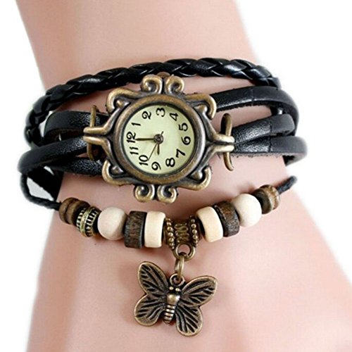 DaoRier 1pc Accesorios de Moda Retro Weave Wrap Around Pulsera de Cuero con Mariposa Colgante Lady Reloj de Pulsera de Mujer Cuarzo Nature Stlye Reloj