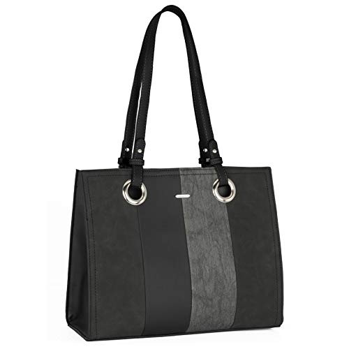 David Jones - Bolso de Hombro Asas Largas Mujer - Shopper Tote Bag Rayas Multicolor Cuero Piel PU - Bolso de Mano Bandolera Totalizador Grande Muchos Bolsillos - Trabajo Elegante Diario Vida - Negro