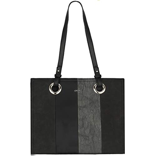 David Jones - Bolso de Hombro Asas Largas Mujer - Shopper Tote Bag Rayas Multicolor Cuero Piel PU - Bolso de Mano Bandolera Totalizador Grande Muchos Bolsillos - Trabajo Elegante Diario Vida - Negro