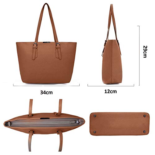 David Jones - Bolso de Mano Grande Mujer - Tote Bag Shopper Piel PU - Bolso de Hombro Trabajo Shopping Gran Capacidad Cuero - Bolso de Compras Asa Larga - Escuela Estudiante Moda - Camel Marrón