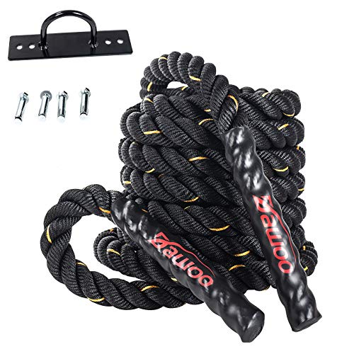 Dawoo Cuerda De Batalla para Entrenamiento Deportivo Cuerda De Estilo Negro para Entrenamiento Físico (38 Mm * 9 m con Kit De Anclaje Portátil)