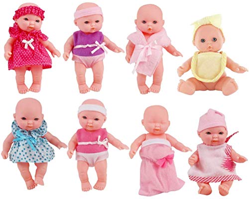 deAO Colección de Muñecas Bebé Tamaño Mini (13cm) y Accesorios Conjunto Incluye 8 Muñecas, Bañera, Trona, Carrito, Cuna, Andador y Más