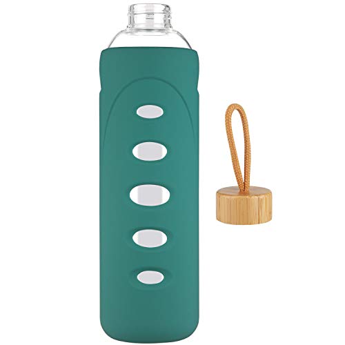 DEARRAY Botella de Agua de Cristal de Borosilicato Deportivo 400ml / 750ml / 1000ml / 1 Litro, Botella de Agua de Vidrio con Funda de Silicona y Tapa de Bambú Único