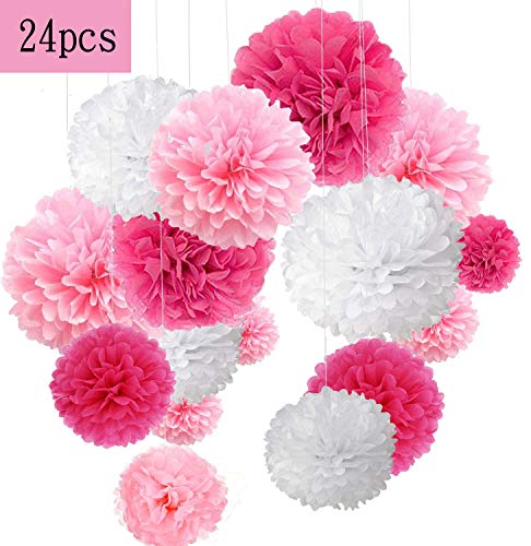 Decoración de Fiesta Pompom Flores,Kit de Fiesta de Pompones,Papel para Colgar Bola Decoración,pompones de papel,Flores Decoracion Cumpleaños - Rosa, rosa y blanco