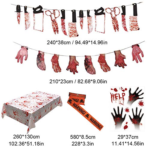 DecoracióN de Halloween, Bst4U 26PCS Cuchillo de Sangre Mano Ensangrentada Pancarta de Pie Sangriento, CalcomaníA de Ventana de Ensangrentada, Mantel Palma Ensangrentado Y Cinta de Crimen de Halloween