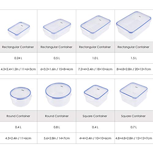 DEIK Fiambreras, Contenedores de Alimentos, Set de Recipientes Herméticos, 8 Piezas, Sin BPA, Apta para lavavajillas, congelador, Tamaños variados, Color transparente