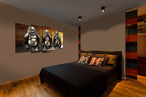 DekoArte 186 - Cuadros Modernos Impresión de Imagen Artística Digitalizada | Lienzo Decorativo Para Tu Salón o Dormitorio | Estilo Zen 3 Budas Ver Oír y Callar Fondo De Madera | 5 Piezas 200x100cm XXL