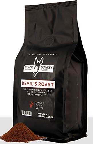 DEVIL'S ROAST ? 500g Café Molido Extremadamente Fuerte ? Espresso Altamente Cafeinado ? 100% Robusta de alta calidad de Black Donkey Coffee Roasters