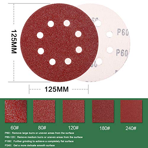 Discos de Lija, 120 Piezas 125 mm (5") a 8 agujeros, 24*(grano 60/80/120/180/240) para Lijar, Pulir y Oxidar, para Makita, Bosch, Tacklife, Dewalt, Ryobi, Vonhaus Lijadora Orbital- TASP23A