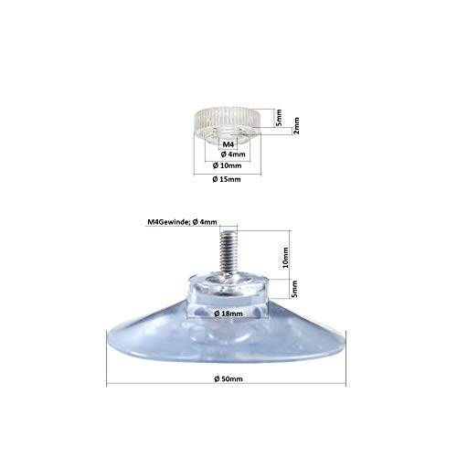 DIYexpert® 20 x ventosa Ø 50 mm con rosca M4 x 10 mm incluye tuercas moleteadas transparente – Fabricado en Alemania