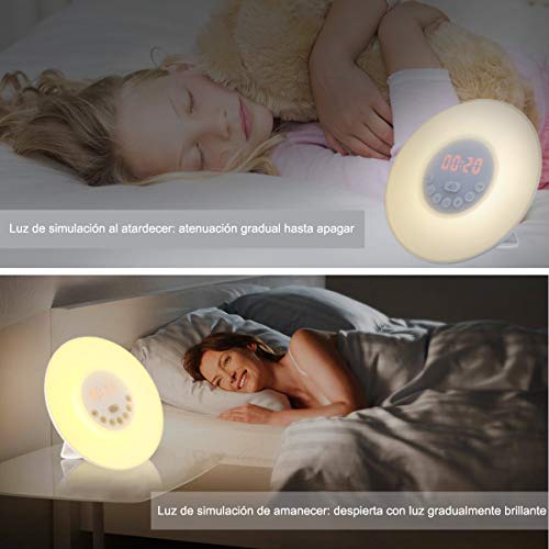 Diyife Wake Up Light Despertador Luz, Luces Despertador con Simulación de Amanecer y Atardece, Función Snooze, Radio FM, 7 Luces de Colores y 6 Sonidos Naturales [Clase de eficiencia energética A]