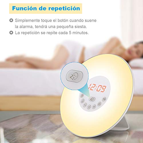 Diyife Wake Up Light Despertador Luz, Luces Despertador con Simulación de Amanecer y Atardece, Función Snooze, Radio FM, 7 Luces de Colores y 6 Sonidos Naturales [Clase de eficiencia energética A]