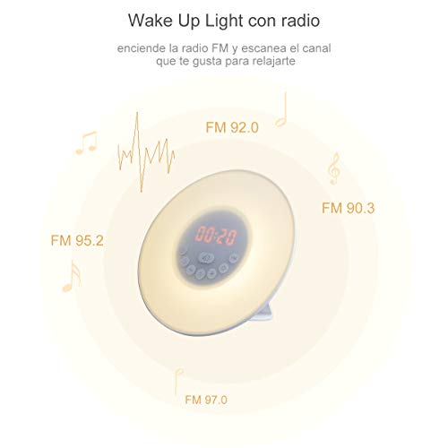 Diyife Wake Up Light Despertador Luz, Luces Despertador con Simulación de Amanecer y Atardece, Función Snooze, Radio FM, 7 Luces de Colores y 6 Sonidos Naturales [Clase de eficiencia energética A]